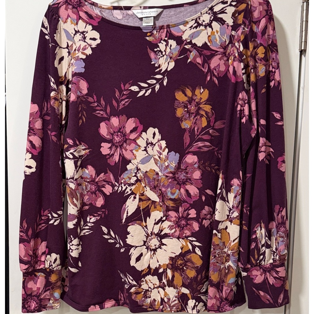 Christopher & Banks Plum Floral Long Sleeve Top with Pink and Cream Accents